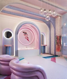 a bedroom with pink and blue walls, round mirrors on the wall, and an inflatable bed