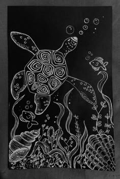 a black and white drawing of a turtle swimming in the ocean with other sea creatures