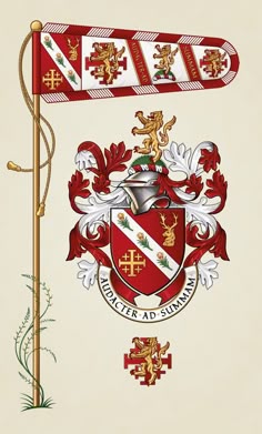 an old coat of arms and motto on a flag pole