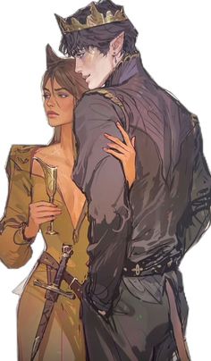 a man and woman are dressed up in medieval costumes, one is holding a wine glass