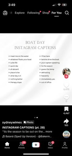 the boat day instagram captions page is displayed on an iphone screen, with text below it