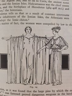 an old book with two women standing next to each other in front of a curtain