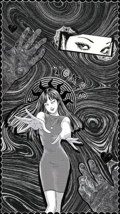 black and white (mostly black) collage of tomie from junji ito