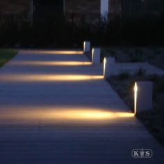 some lights that are on the side of a walkway in the night time, with grass and bushes behind them