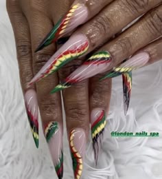 Jamaica Nail Ideas, Jamaican Inspired Nails, Rasta Nails Acrylic, Jamaica Inspired Nails, Jamaican Nail Designs, Jamaican Nails Ideas, Reggae Nails Designs, March Madness Nails, Bob Marley Nails
