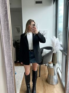 Fall outfit, H&M blazer, abercrombie skirt Jean Skirt Tall Boots Outfit, Denim Skirt Black Boots Outfit, Jean Skirt Black Boots, Mini Skirt Blazer Outfit Winter, Denim Skirt Black Boots, Jean Skirt Blazer Outfit, Denim Skirt And Knee High Boots, Black Blazer Mini Skirt Outfit, Black Mini Skirt And Blazer Outfit