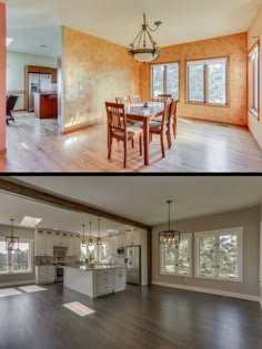 before and after pictures of a kitchen, dining room and living room in an open floor plan