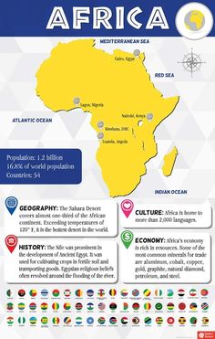 the africa map with all countries and their flags in blue, green, yellow and white