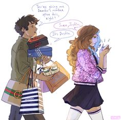 two people walking with bags and talking to each other