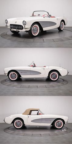 three different views of an old white car with red rims on the front and side