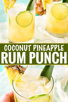coconut pineapple rum punch with cucumber garnish on the rim, served in tall glasses