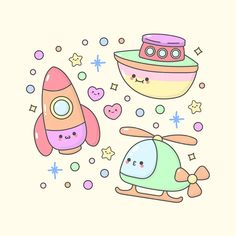 Premium Vector | Boys girls toys play rocket ship helicopter with cute facial expressions and pastel colour Cute Cartoon Rocket Ship, Kawaii Helicopter, Kawaii Rocket Ship, Cute Rocket Cartoon, Kawaii Plane, Pastel Rocket Illustration, Kawaii Airplane, Kawaii Spaceship, Cute Pink Space Rocket
