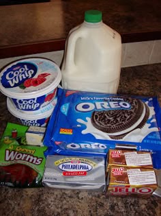 milk, yogurt, and other snacks are on the counter