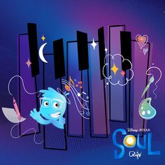 an illustration of a blue bird in front of some tall buildings with stars and moon on them
