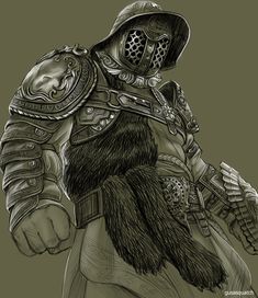a black and white drawing of a man in armor