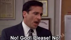 a man wearing a suit and tie with the words, not god please no