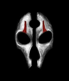 two white masks with red eyes on black background