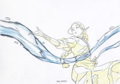 a drawing of a woman in yellow and blue
