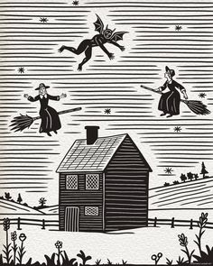 two witches flying over a house in the middle of a field with an old fashioned barn