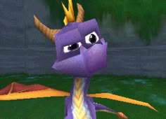 an animated purple dragon with horns and large eyes standing in front of a green field