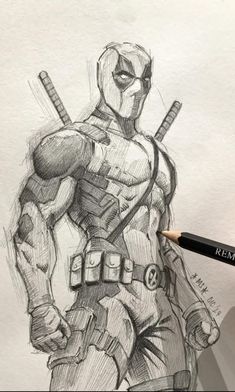 a pencil drawing of a deadpool character