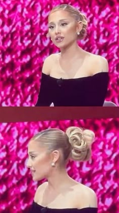 a woman in a black dress is talking on the tv screen and has her hair pulled back into a pony tail