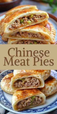 chinese meat pies on a blue and white plate with the title in the middle