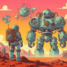 two robots are standing in front of an orange sky with mountains and clouds behind them