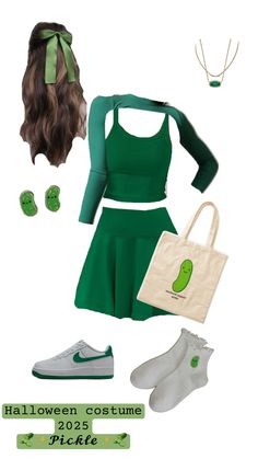 a green outfit with white shoes and a tote bag is featured for halloween costume contest