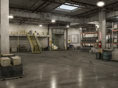 an empty warehouse with lots of shelves and boxes