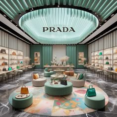 the inside of a prada store filled with furniture