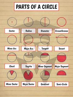 the parts of a circle on lined paper with red and white circles in each corner