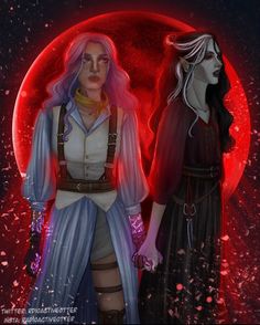 two women standing next to each other in front of a red moon