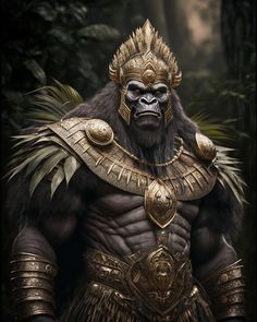 an illustration of a gorilla wearing gold armor and standing in front of some trees with his hands on his hips