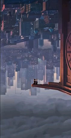 two people are sitting on a ledge in front of a large clock tower overlooking the city