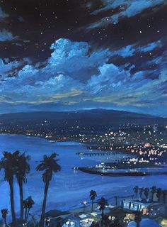 an oil painting of a night scene with the ocean and city lights in the distance
