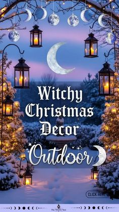 a snowy scene with lanterns and trees in the background, which reads witch christmas decor outdoor