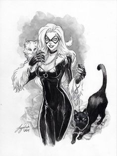a drawing of a woman in black and white with a cat on her shoulder, holding a