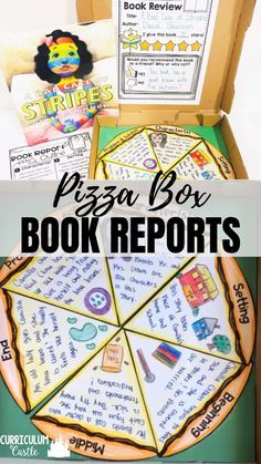 a pizza box book report with the words pizza box on it and an image of books in