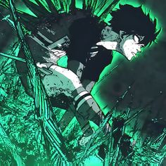 an anime character with black hair and green eyes running through the grass in front of trees