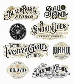 the logos for tattoo studio are shown in different styles and colors, including black and white