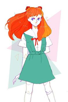 a drawing of a girl with red hair wearing a green dress and bow in her hair