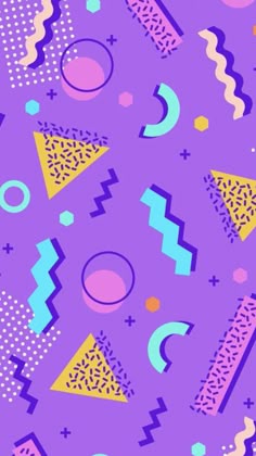 a purple background with colorful shapes and dots on it's surface, including an abstract design