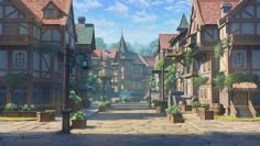 an animated city street scene with lots of tall buildings and cobblestone pavements