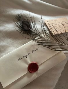 an envelope with a feather quill on it