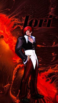 an anime character standing in front of a red and black background with the word tori on it