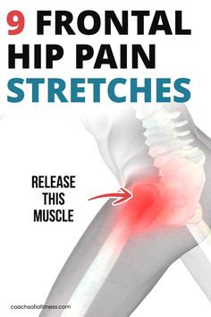 the front cover of a book with an image of a knee and text that reads, 9 frontal hip pain stretches release this muscle