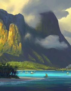a painting of a tropical island with mountains in the background and sailboats on the water