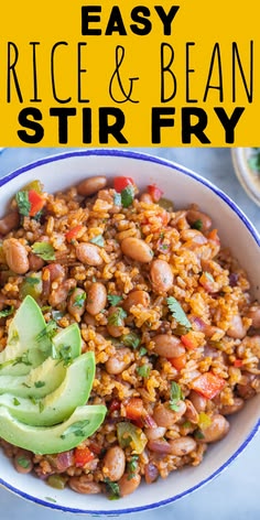 an easy rice and bean stir fry in a bowl with avocado on the side