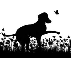 a black and white silhouette of a dog in the grass with butterflies flying above it